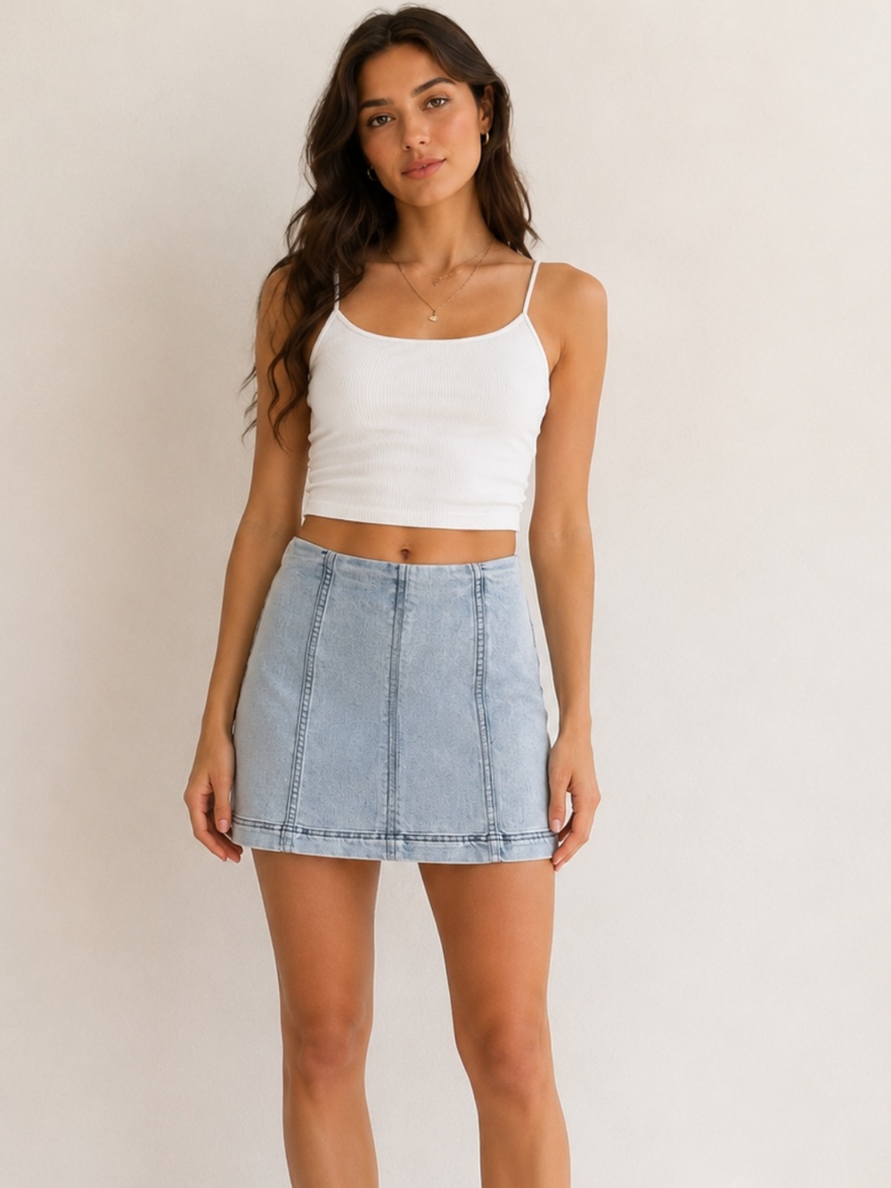 Free People Light Wash Denim Mini Skirt Fitted Stretch Jean Skirt Size 0